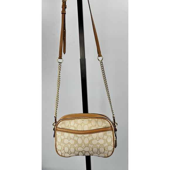 Coach Signature Canvas Camera Bag Crossbody Chain Strap Tan Leather - Picture 9 of 10
